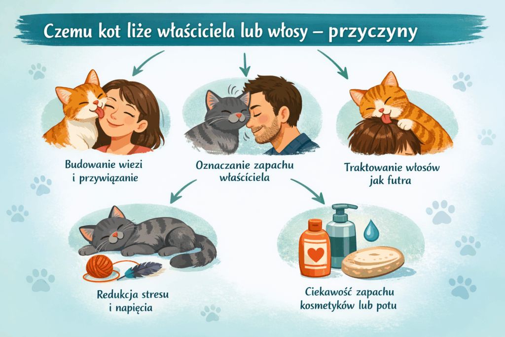 Czemu kot liże właściciela lub włosy – przyczyny