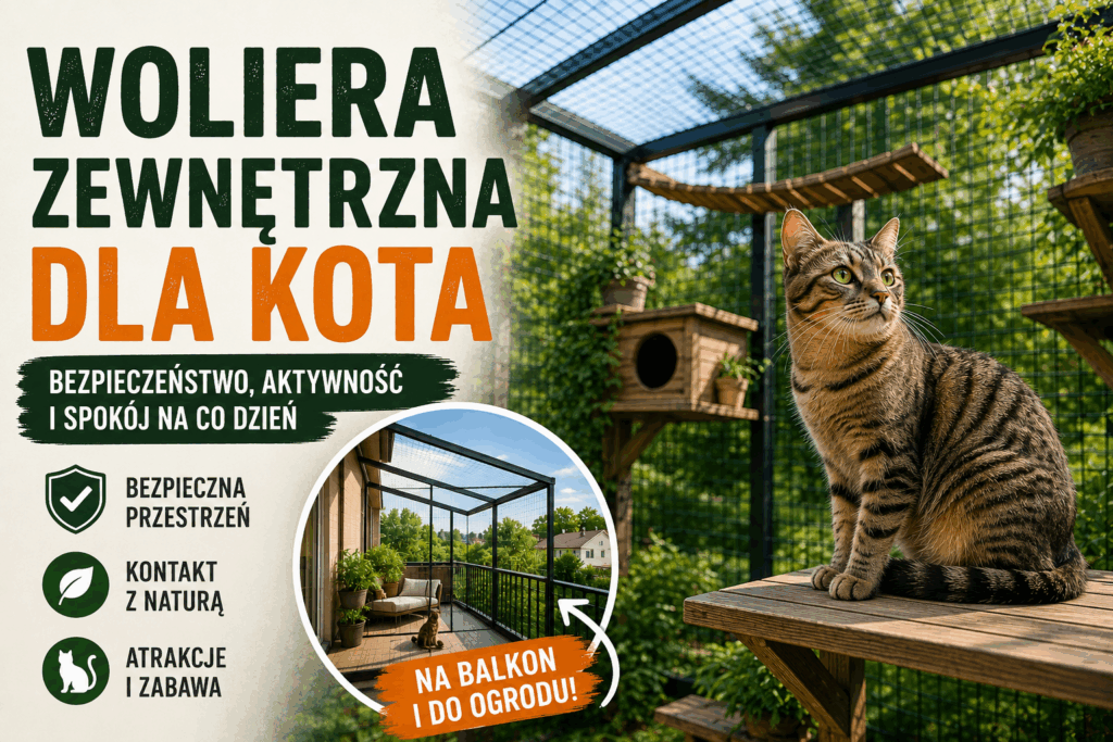 Woliera zewnętrzna dla kota w ogrodzie